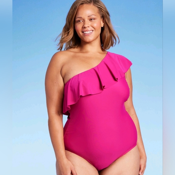 One Shoulder Ruffle PinkFull Coverage One Piece Swimsuit - Kona Sol - Picture 3 of 12